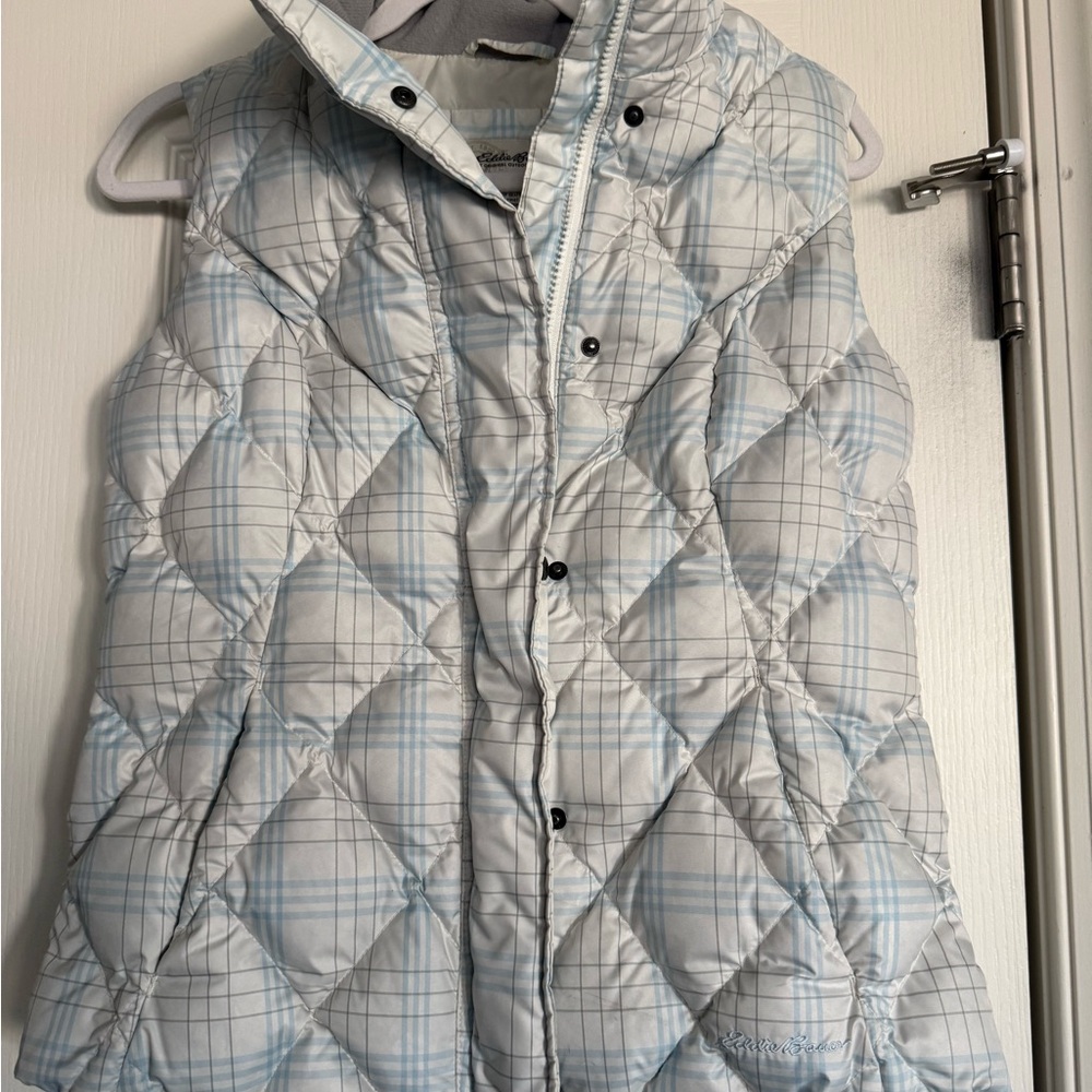 Eddie Bauer Women's Light Blue Plaid Quilted Down Vest